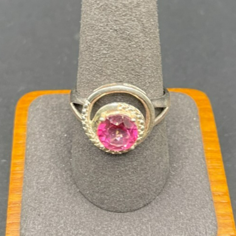 Vintage Sterling Silver 925 Round Pink Topaz Glass Solitaire Bypass Ring Sz 10